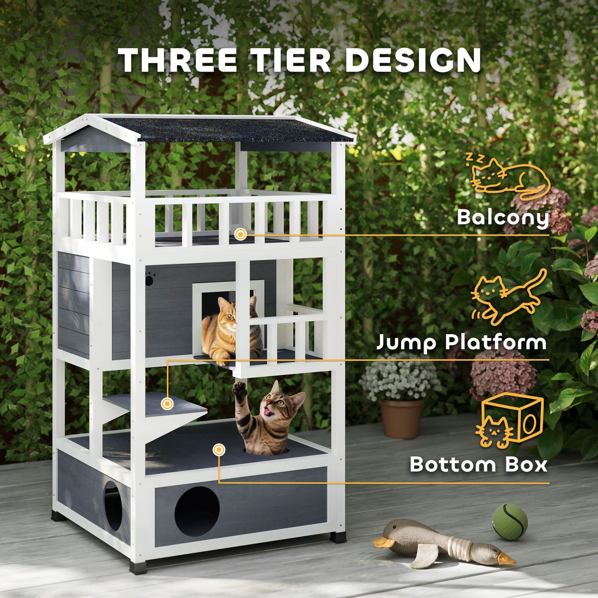 KFX-5816509 Outdoor Cat House with Asphalt Roof and Escape Doors – 3-Tier Feral Cat Shelter
