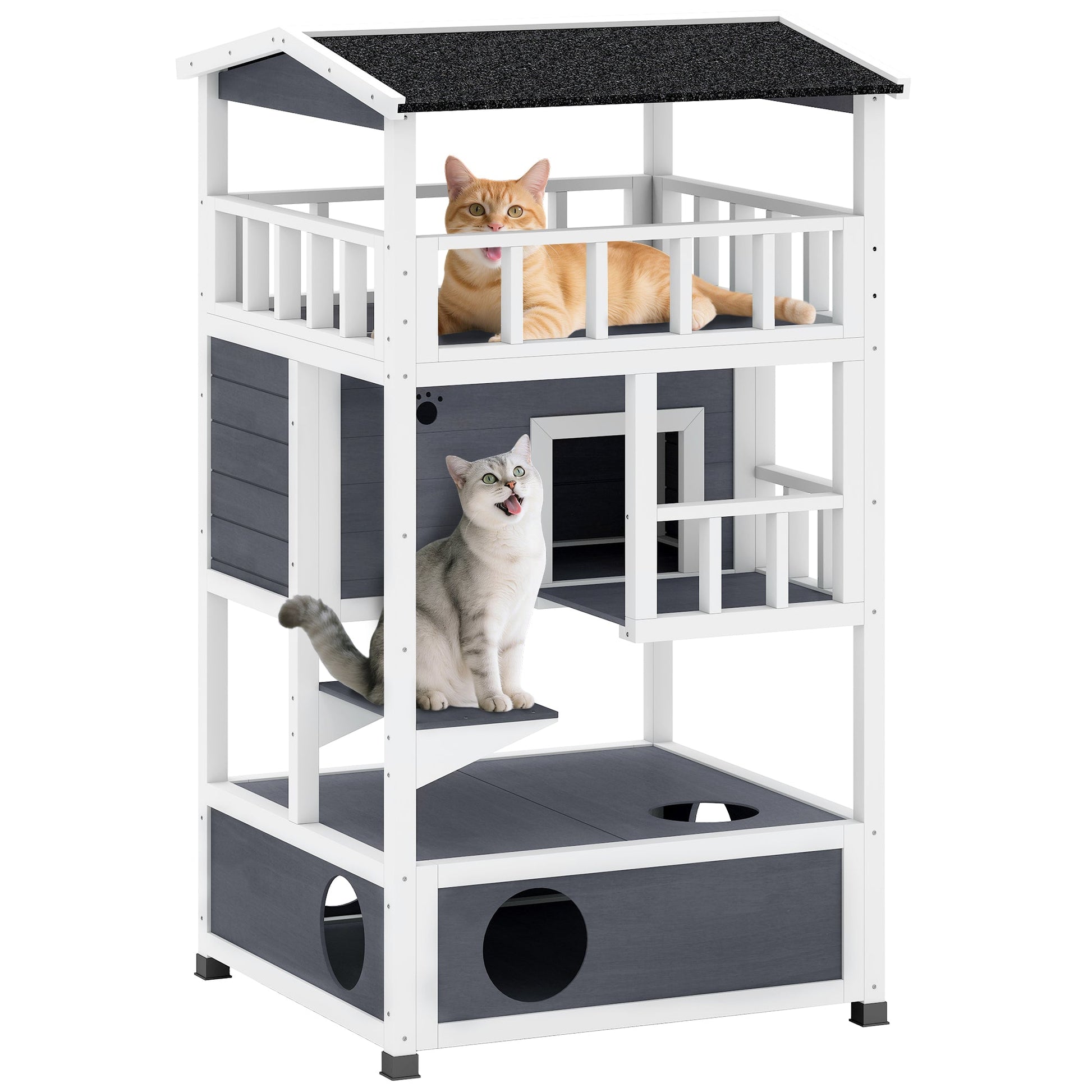 KFX-5816509 Outdoor Cat House with Asphalt Roof and Escape Doors – 3-Tier Feral Cat Shelter