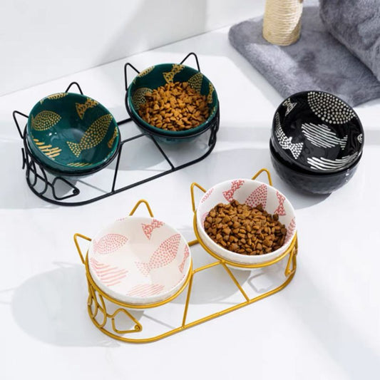 KFX-5816637 Cat Ceramic Double Bowl with Golden Ear Design for Cats and Small to Medium Dogs
