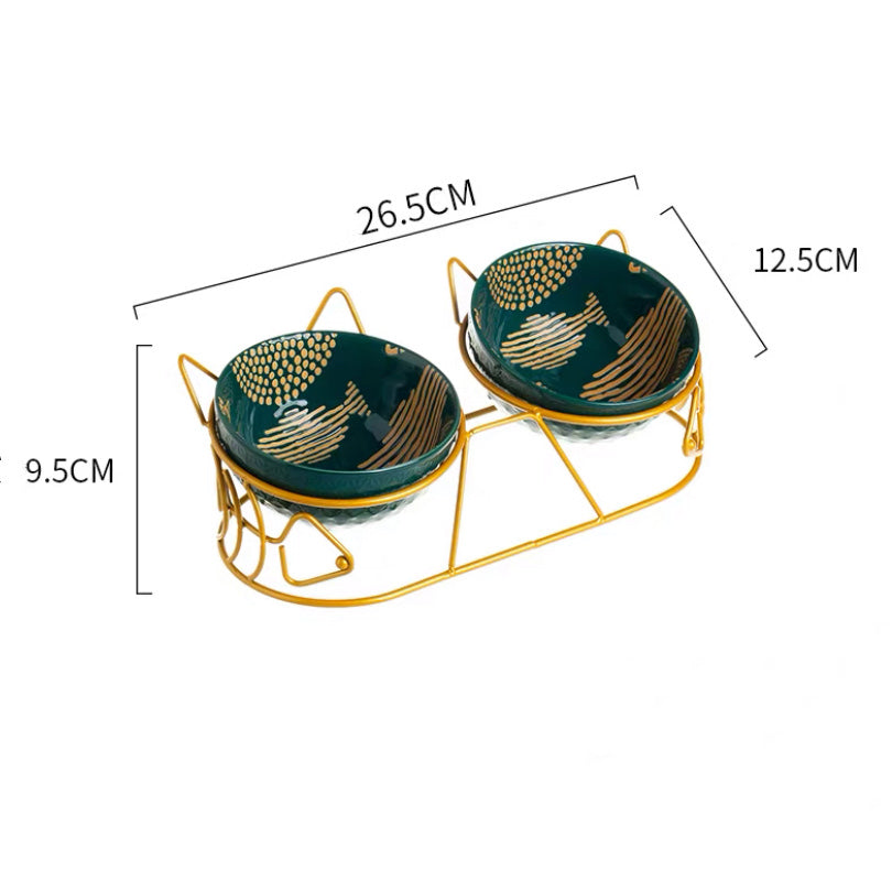 KFX-5816637 Cat Ceramic Double Bowl with Golden Ear Design for Cats and Small to Medium Dogs