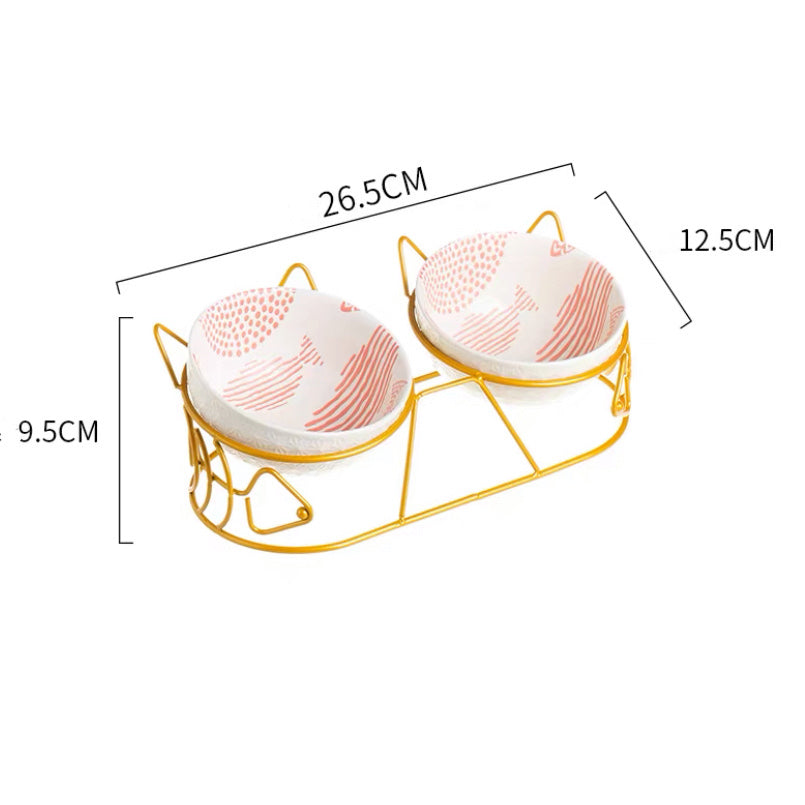 KFX-5816637 Cat Ceramic Double Bowl with Golden Ear Design for Cats and Small to Medium Dogs
