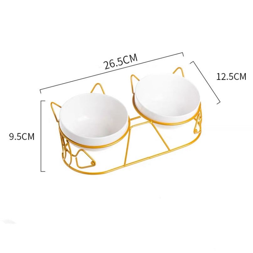 KFX-5816637 Cat Ceramic Double Bowl with Golden Ear Design for Cats and Small to Medium Dogs