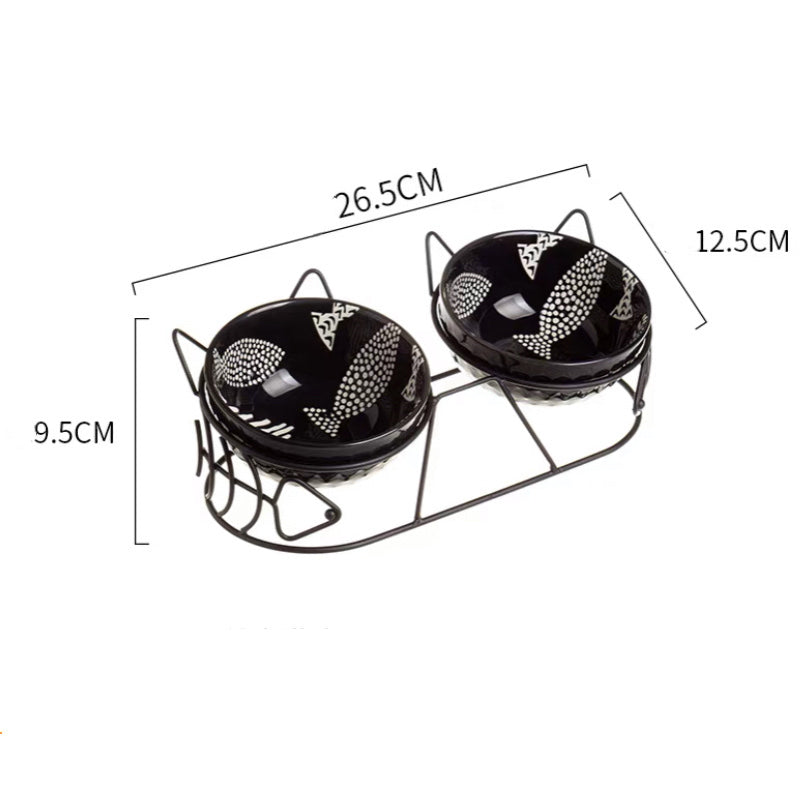 KFX-5816637 Cat Ceramic Double Bowl with Golden Ear Design for Cats and Small to Medium Dogs