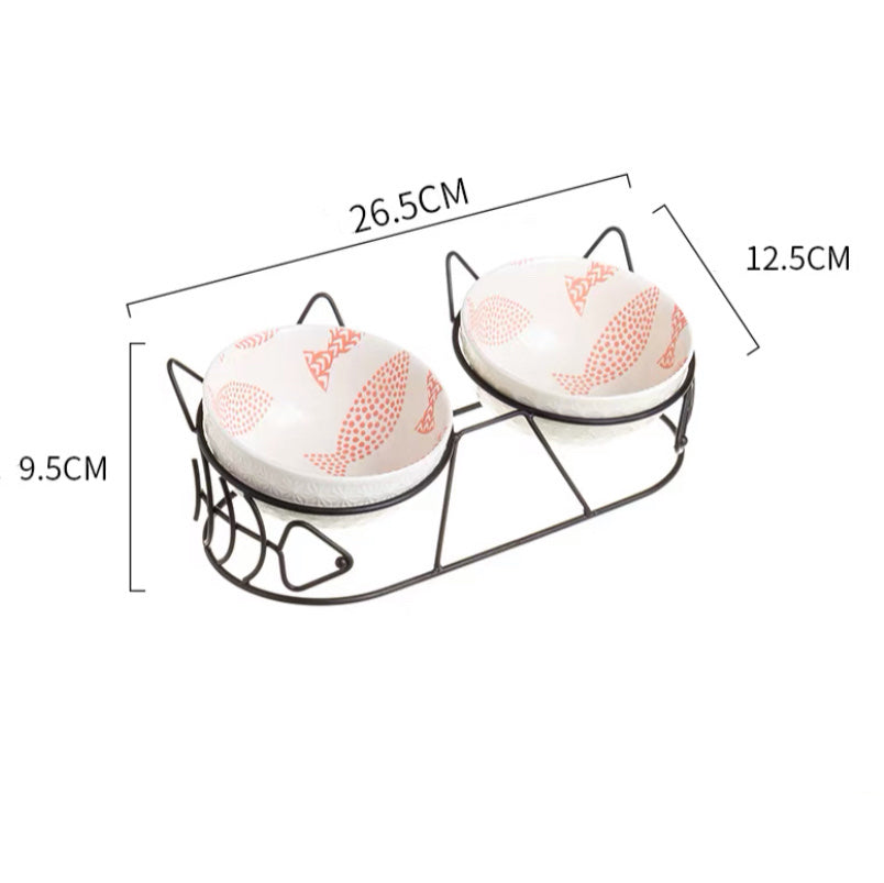 KFX-5816637 Cat Ceramic Double Bowl with Golden Ear Design for Cats and Small to Medium Dogs