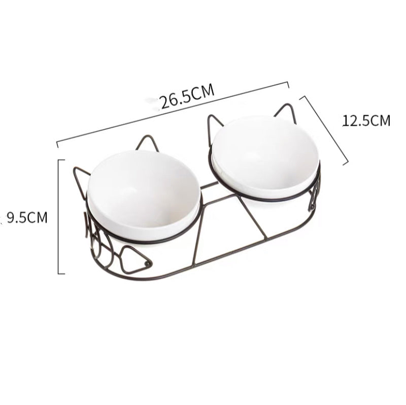 KFX-5816637 Cat Ceramic Double Bowl with Golden Ear Design for Cats and Small to Medium Dogs