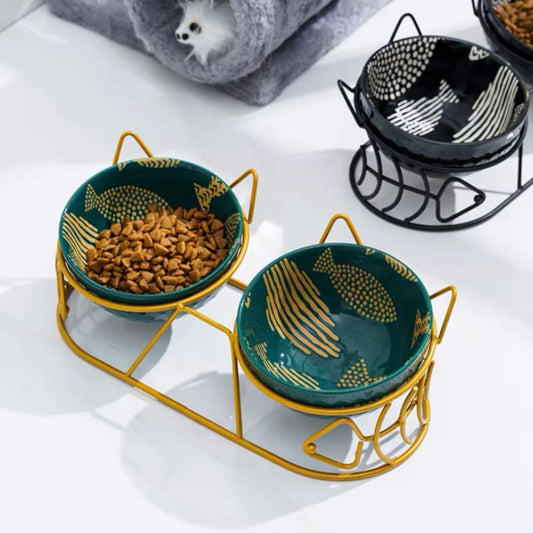 KFX-5816637 Cat Ceramic Double Bowl with Golden Ear Design for Cats and Small to Medium Dogs