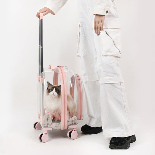 KFX-5818685 Transparent Pet Trolley Bag with Panoramic View for Dogs - Medium Soft PVC Travel Suitcase