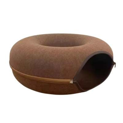KFX-5827261 Interactive Donut Cat Tunnel Bed in Natural Felt, Soft Wool Pet Cave for Comfort and Play
