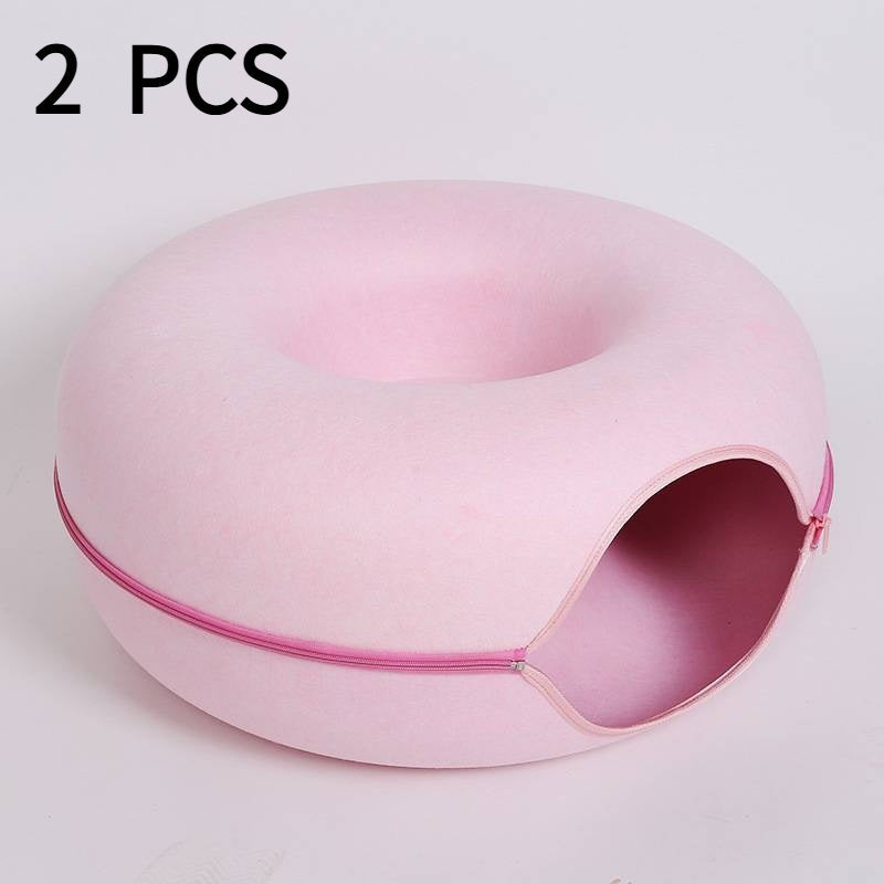 KFX-5827261 Interactive Donut Cat Tunnel Bed in Natural Felt, Soft Wool Pet Cave for Comfort and Play