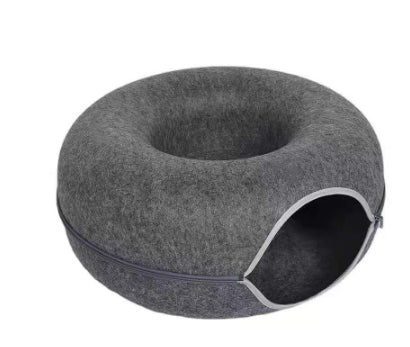 KFX-5827261 Interactive Donut Cat Tunnel Bed in Natural Felt, Soft Wool Pet Cave for Comfort and Play