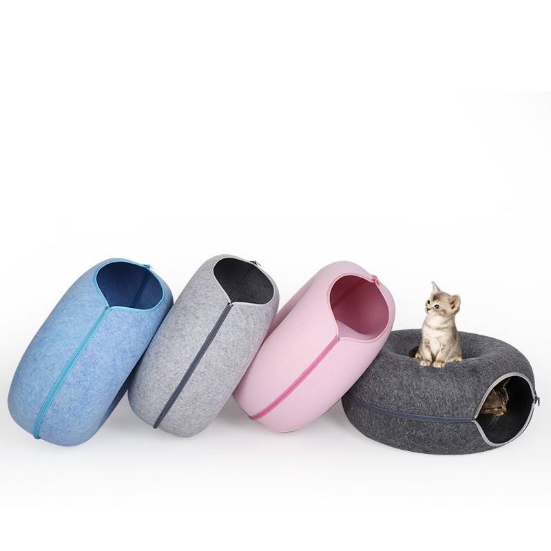 KFX-5827261 Interactive Donut Cat Tunnel Bed in Natural Felt, Soft Wool Pet Cave for Comfort and Play