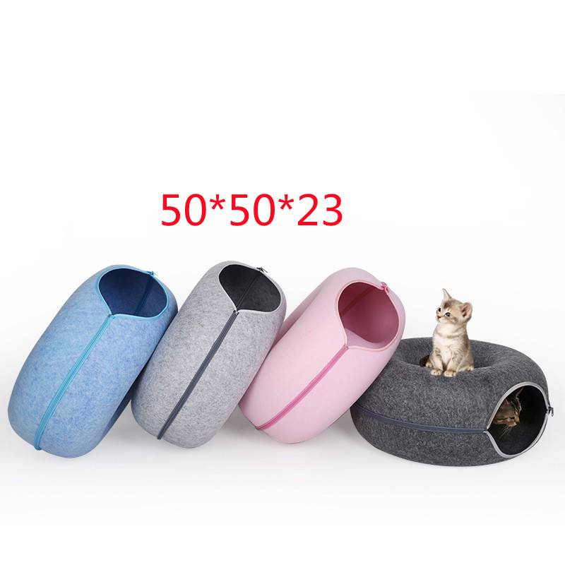 KFX-5827261 Interactive Donut Cat Tunnel Bed in Natural Felt, Soft Wool Pet Cave for Comfort and Play