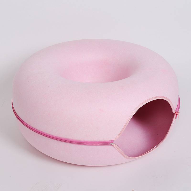 KFX-5827261 Interactive Donut Cat Tunnel Bed in Natural Felt, Soft Wool Pet Cave for Comfort and Play