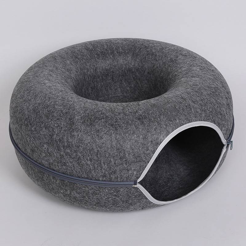 KFX-5827261 Interactive Donut Cat Tunnel Bed in Natural Felt, Soft Wool Pet Cave for Comfort and Play