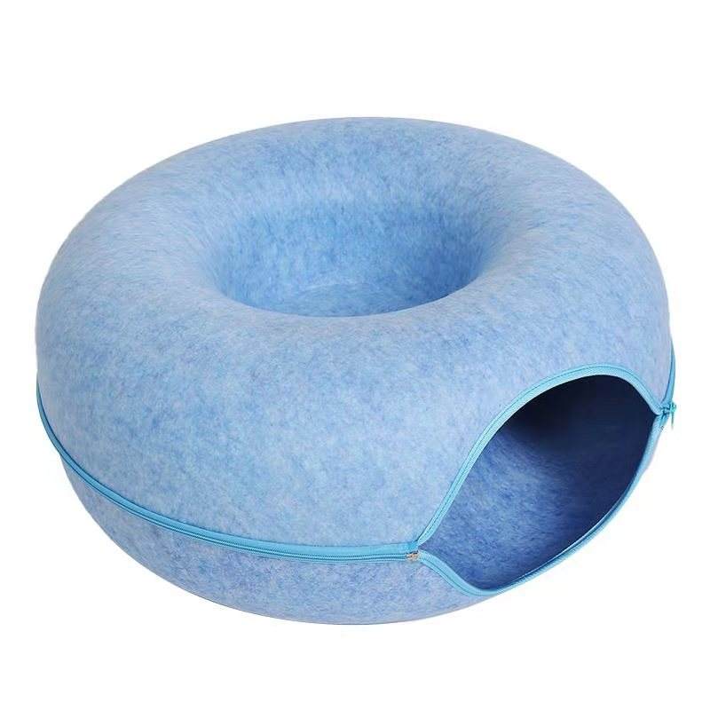 KFX-5827261 Interactive Donut Cat Tunnel Bed in Natural Felt, Soft Wool Pet Cave for Comfort and Play