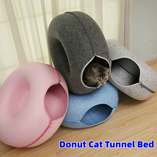 KFX-5827261 Interactive Donut Cat Tunnel Bed in Natural Felt, Soft Wool Pet Cave for Comfort and Play