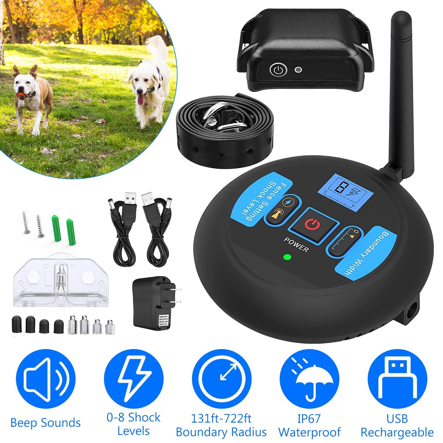 KFX-5827645 Wireless Electric Dog Fence System with Adjustable Boundary & Collar for Small to Large Dogs