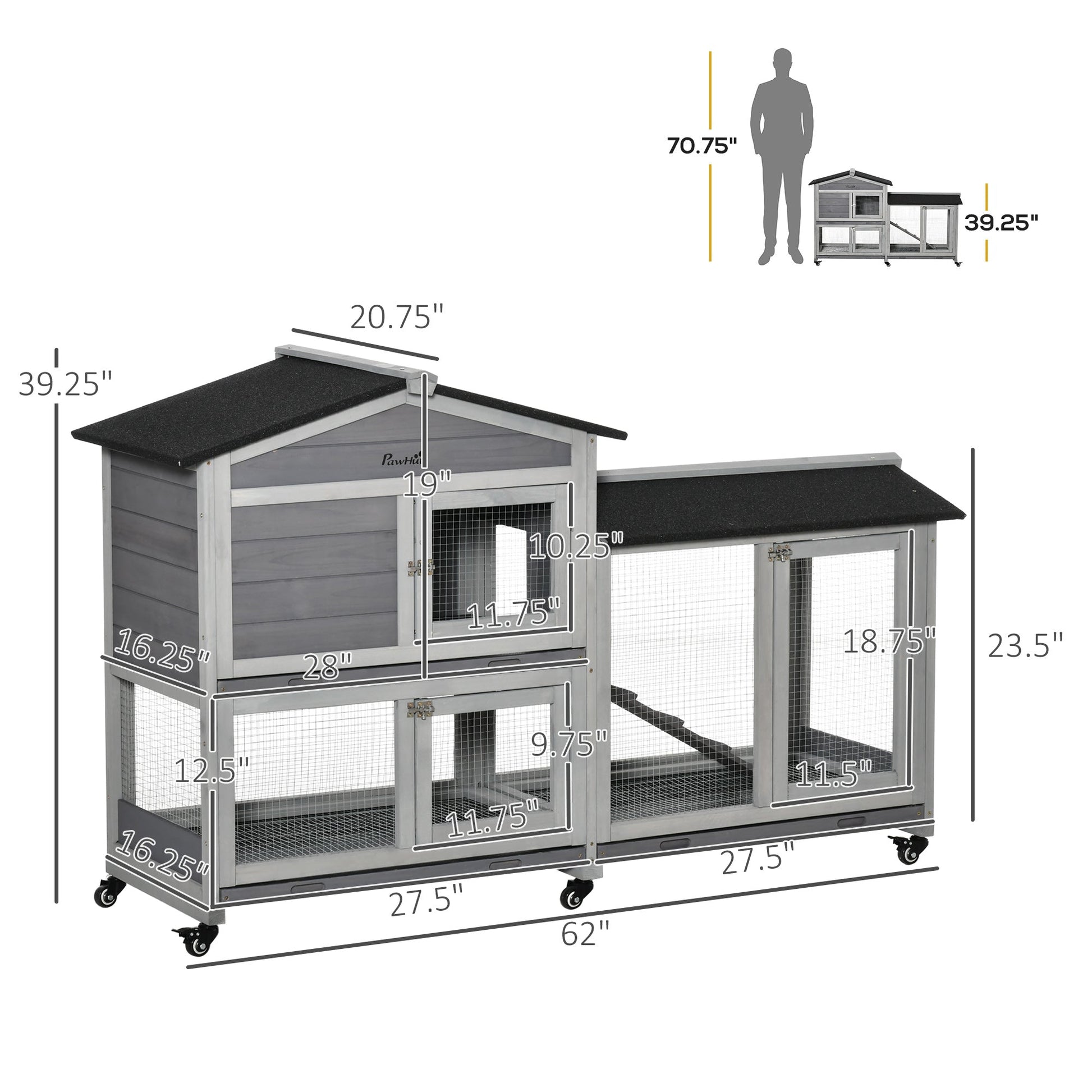 KFX-5831613 62" Wooden Rabbit Hutch with Wheels and Multiple Lockable Doors