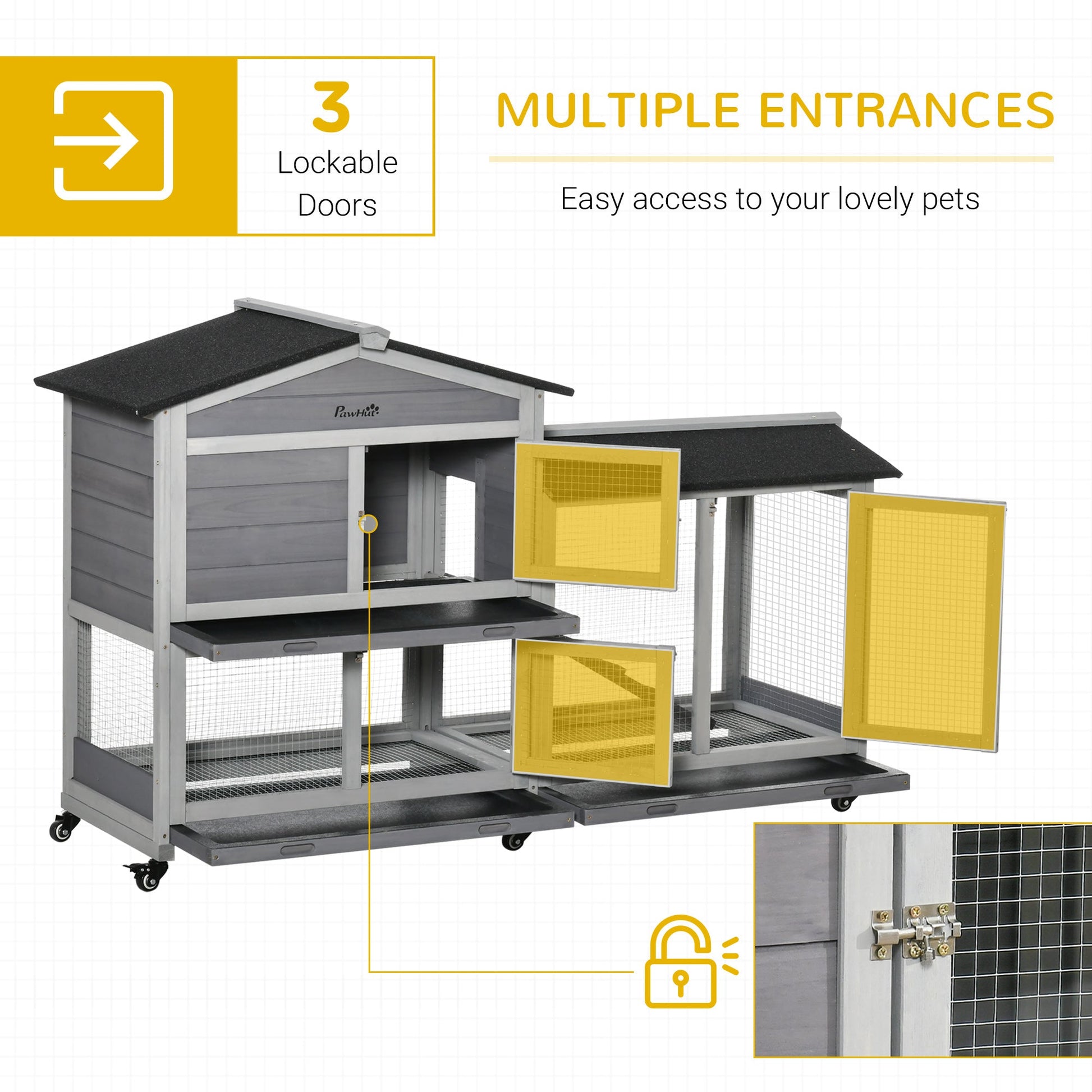 KFX-5831613 62" Wooden Rabbit Hutch with Wheels and Multiple Lockable Doors