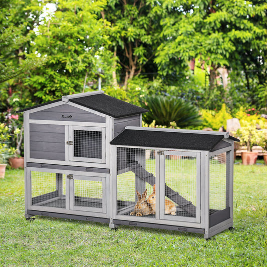 KFX-5831613 62" Wooden Rabbit Hutch with Wheels and Multiple Lockable Doors
