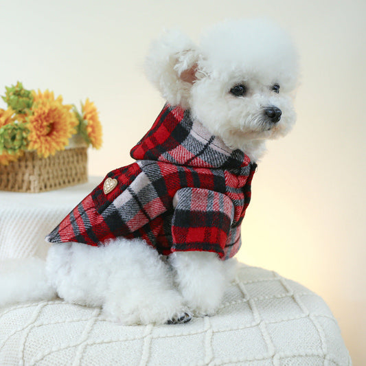 KFX-5833533 Cozy Red Plaid Trench Coat for Pets - Warm Autumn & Winter Fashion