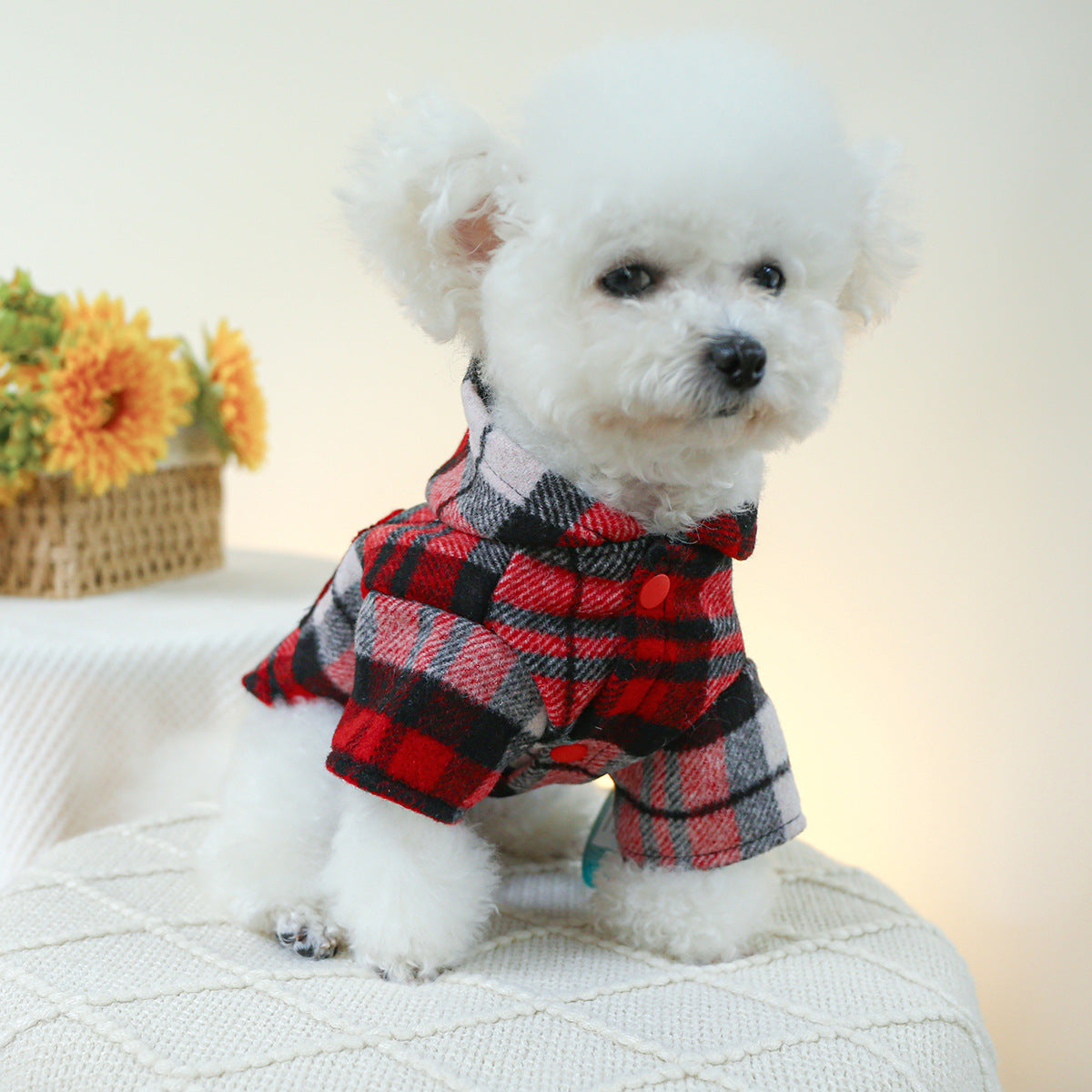 KFX-5833533 Cozy Red Plaid Trench Coat for Pets - Warm Autumn & Winter Fashion