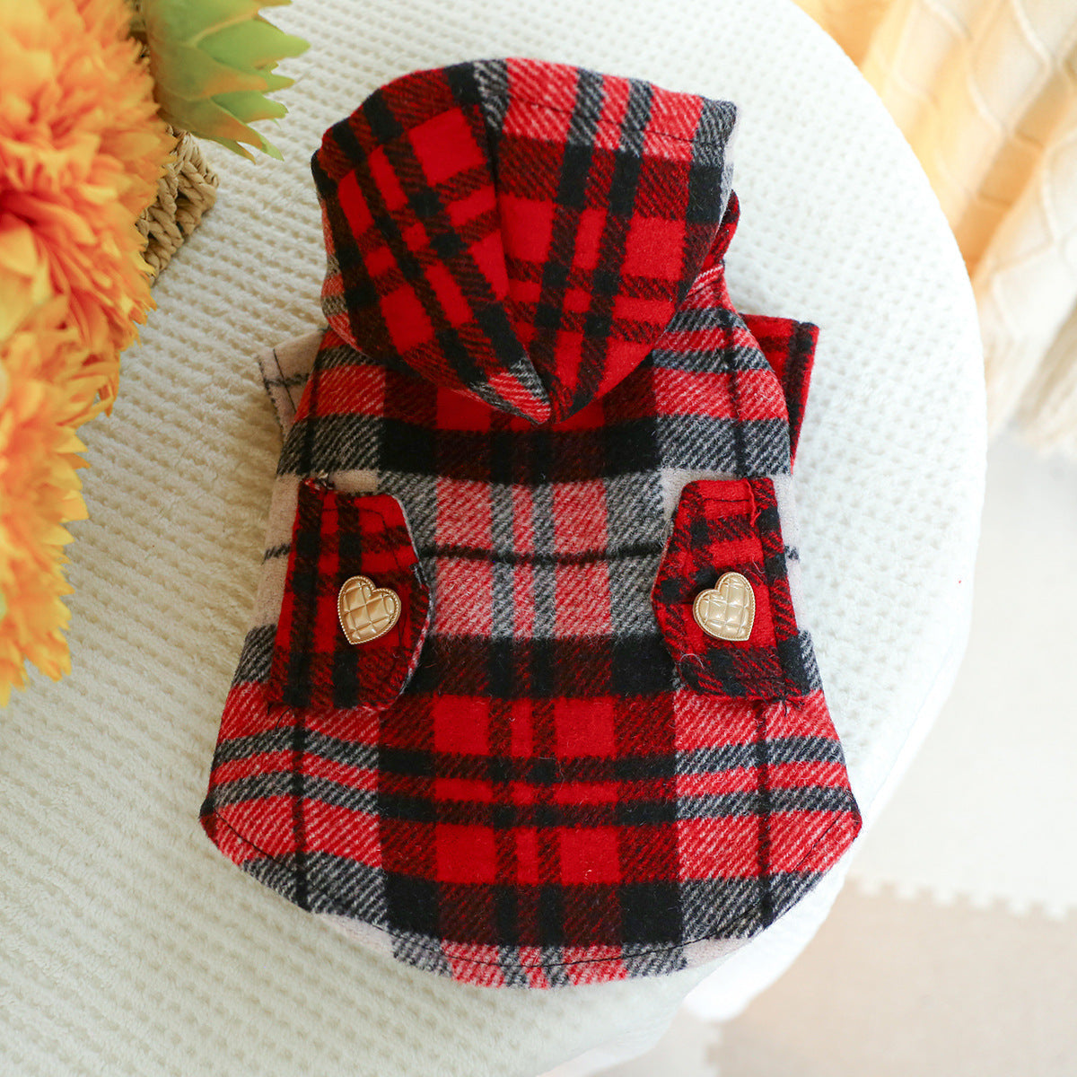 KFX-5833533 Cozy Red Plaid Trench Coat for Pets - Warm Autumn & Winter Fashion