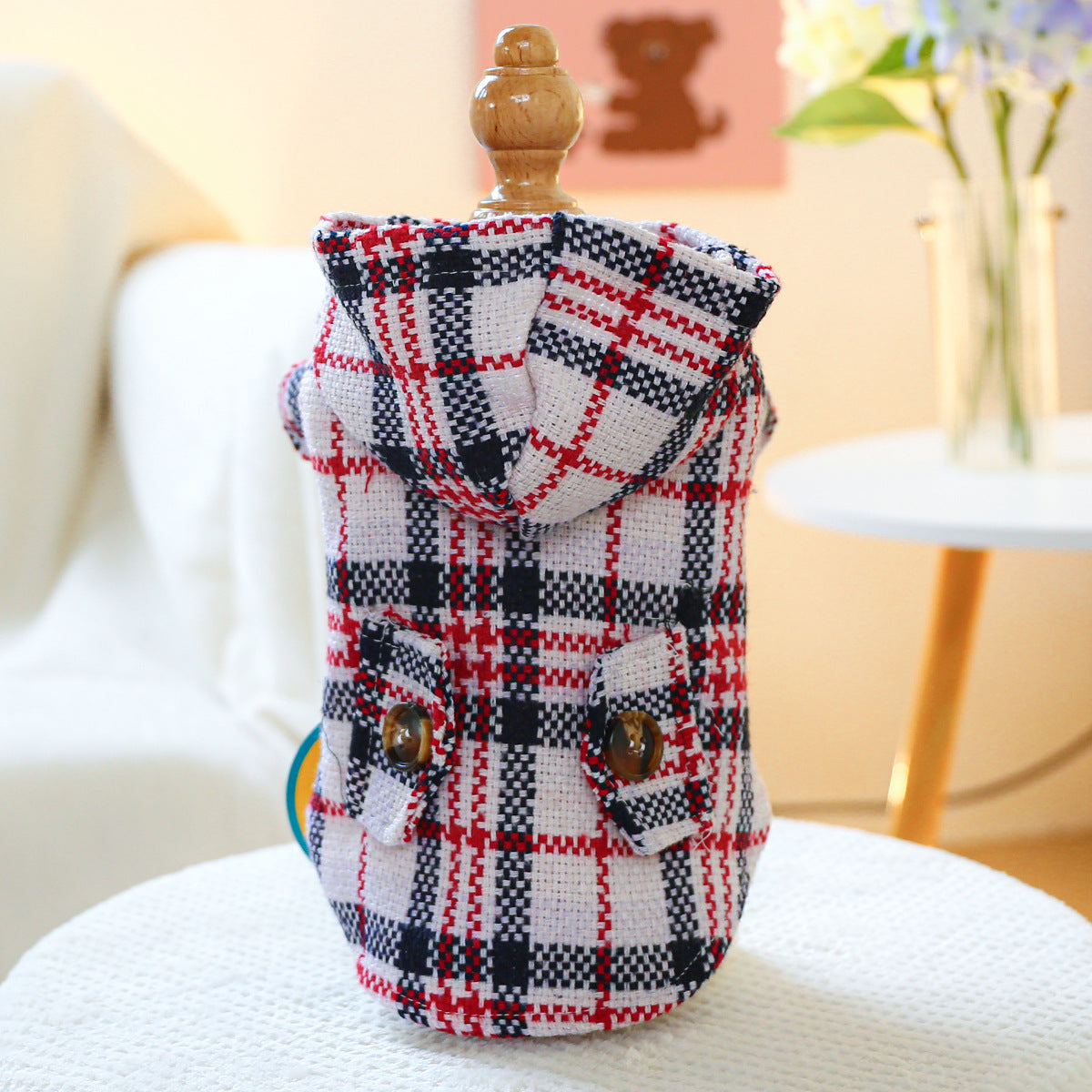 KFX-5833533 Cozy Red Plaid Trench Coat for Pets - Warm Autumn & Winter Fashion
