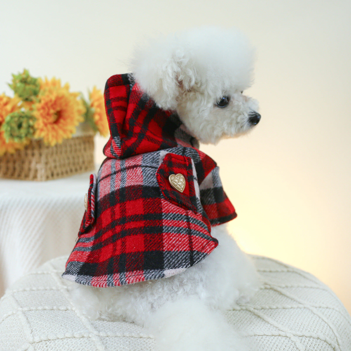 KFX-5833533 Cozy Red Plaid Trench Coat for Pets - Warm Autumn & Winter Fashion