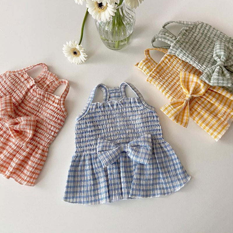 KFX-5835325 Spring and Summer Dog Bow Pleated Check Skirt in Pink, Yellow, and Blue Plaid - Multiple Sizes Available