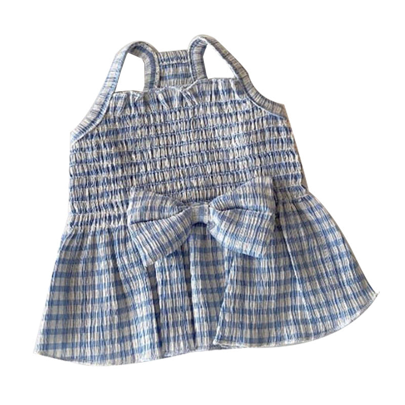 KFX-5835325 Spring and Summer Dog Bow Pleated Check Skirt in Pink, Yellow, and Blue Plaid - Multiple Sizes Available