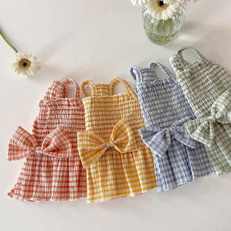 KFX-5835325 Spring and Summer Dog Bow Pleated Check Skirt in Pink, Yellow, and Blue Plaid - Multiple Sizes Available