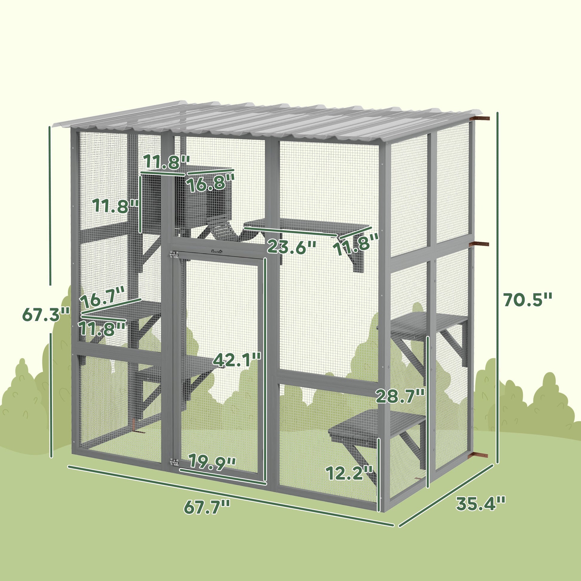 KFX-5837757 Spacious Gray Wooden Cat Enclosure with Bridge Platforms and Resting Box