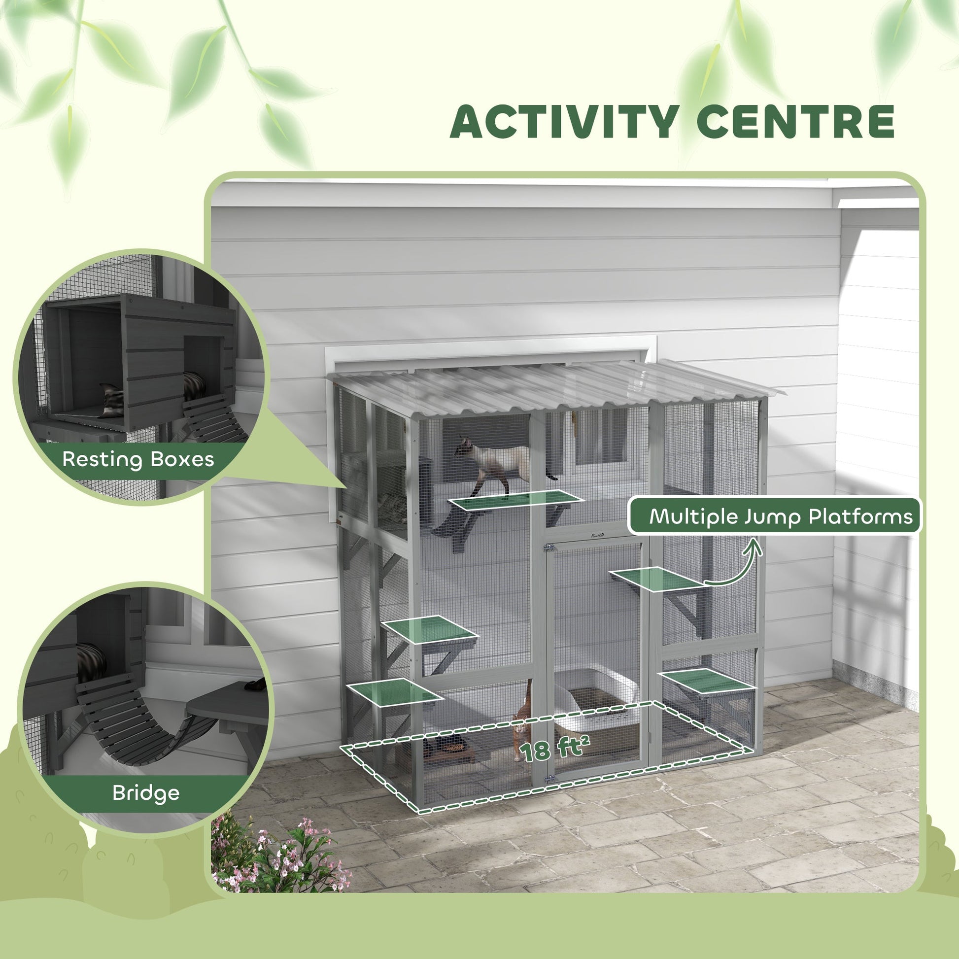 KFX-5837757 Spacious Gray Wooden Cat Enclosure with Bridge Platforms and Resting Box