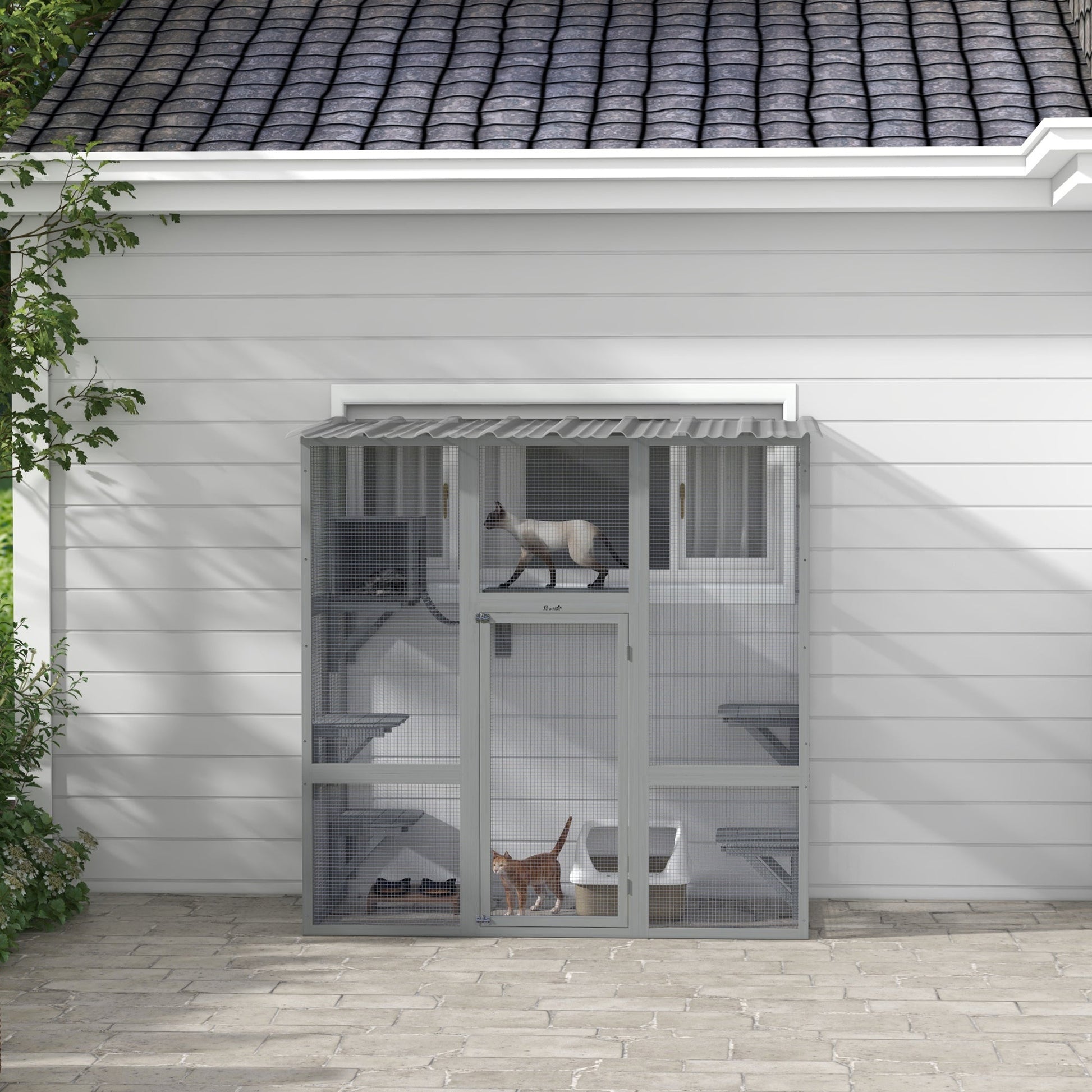 KFX-5837757 Spacious Gray Wooden Cat Enclosure with Bridge Platforms and Resting Box