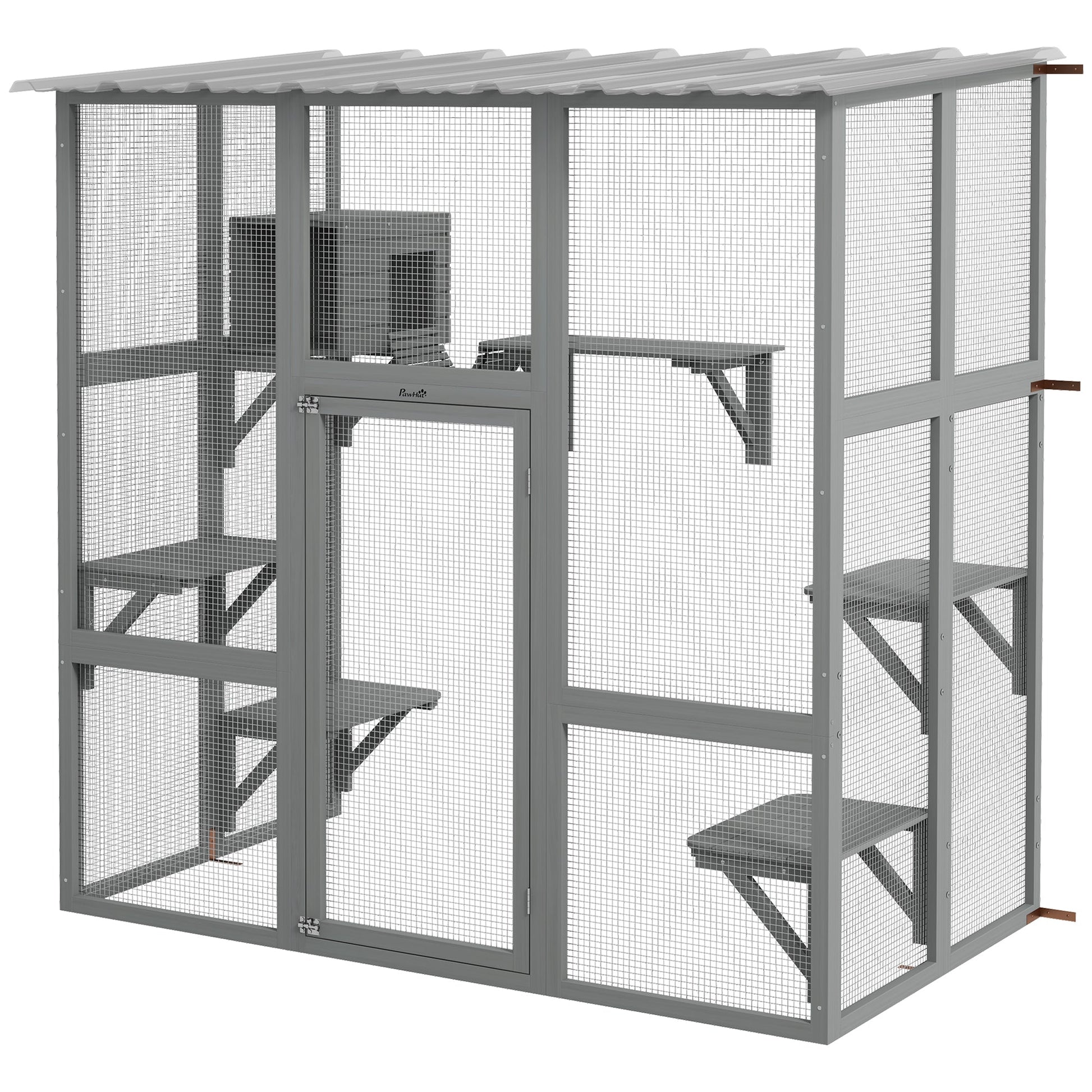 KFX-5837757 Spacious Gray Wooden Cat Enclosure with Bridge Platforms and Resting Box