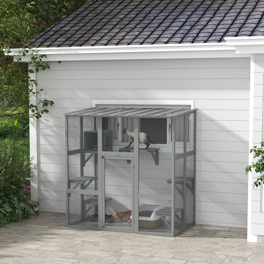 KFX-5837757 Spacious Gray Wooden Cat Enclosure with Bridge Platforms and Resting Box
