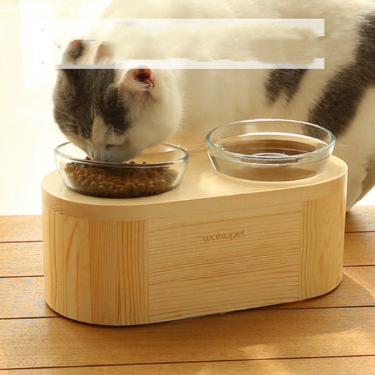 KFX-5839677 Solid Wood Double Bowl Cat Feeder with Tempered Glass, Vertical Design, Pine, 320ml Capacity