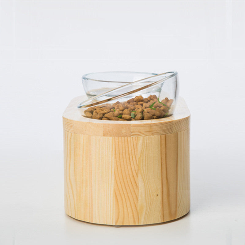 KFX-5839677 Solid Wood Double Bowl Cat Feeder with Tempered Glass, Vertical Design, Pine, 320ml Capacity