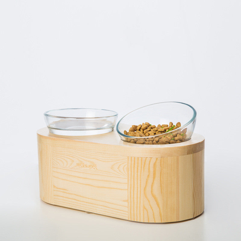 KFX-5839677 Solid Wood Double Bowl Cat Feeder with Tempered Glass, Vertical Design, Pine, 320ml Capacity