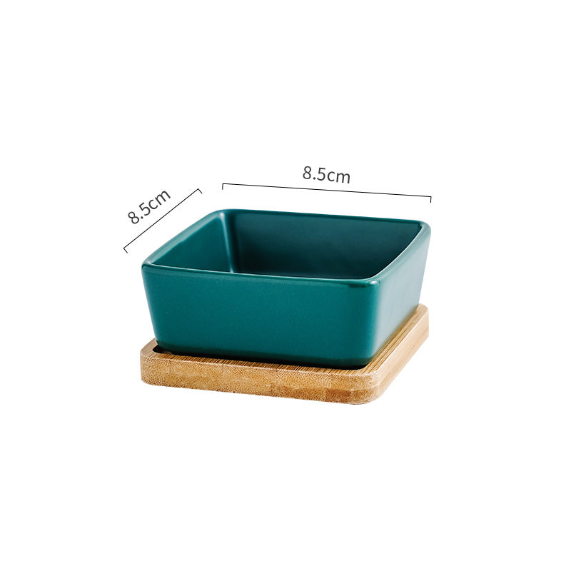 KFX-5849405 Ceramic Cat Bowl with Wooden Support - Anti-Tip Design, Various Colors & Styles