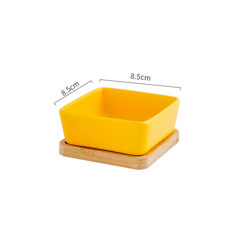 KFX-5849405 Ceramic Cat Bowl with Wooden Support - Anti-Tip Design, Various Colors & Styles