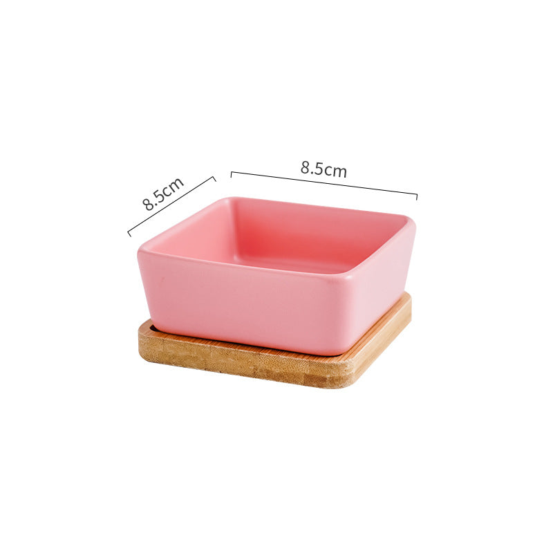 KFX-5849405 Ceramic Cat Bowl with Wooden Support - Anti-Tip Design, Various Colors & Styles