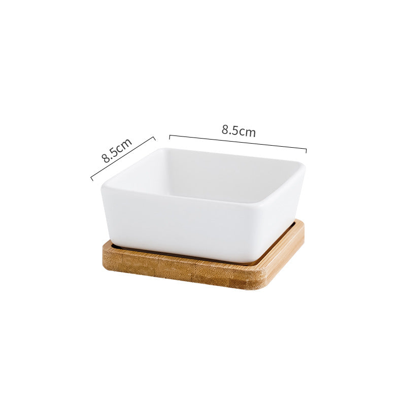 KFX-5849405 Ceramic Cat Bowl with Wooden Support - Anti-Tip Design, Various Colors & Styles
