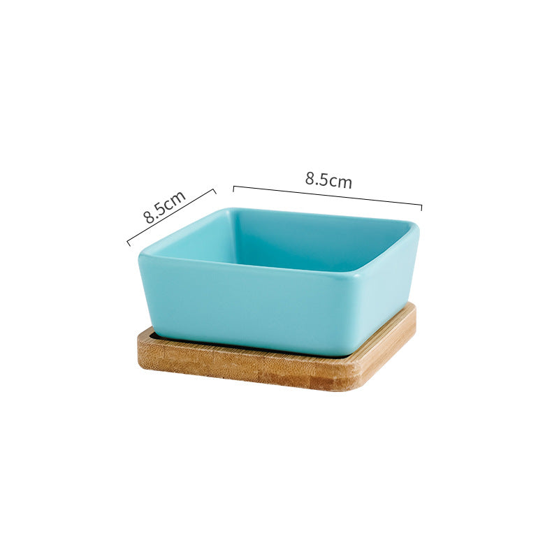 KFX-5849405 Ceramic Cat Bowl with Wooden Support - Anti-Tip Design, Various Colors & Styles