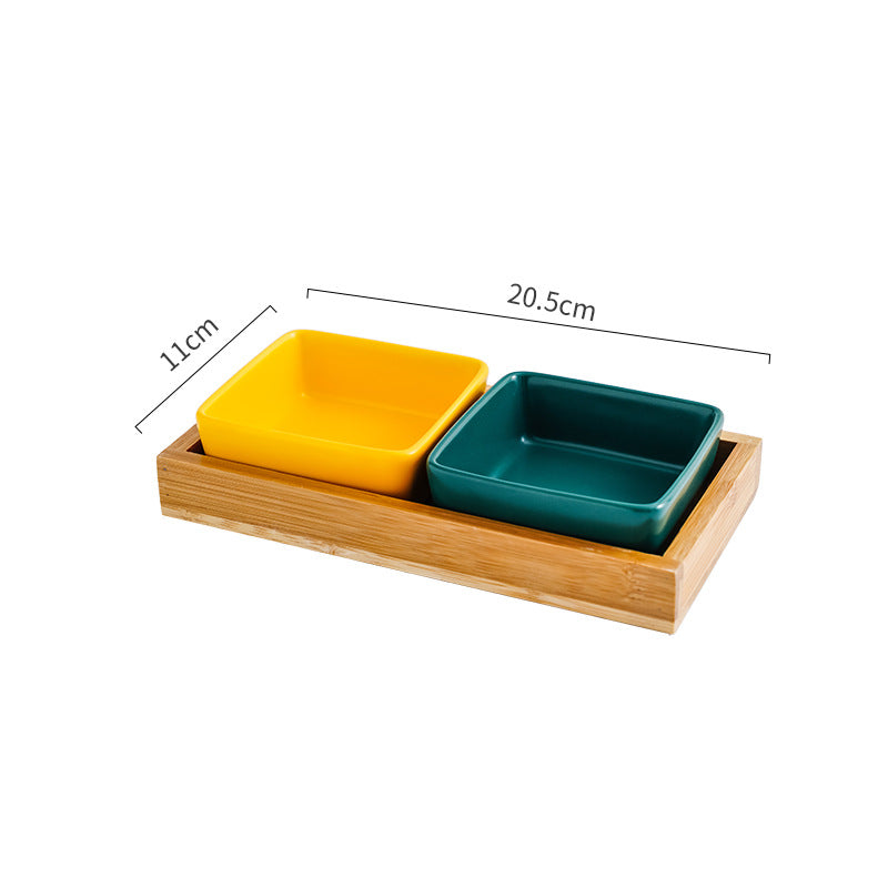 KFX-5849405 Ceramic Cat Bowl with Wooden Support - Anti-Tip Design, Various Colors & Styles