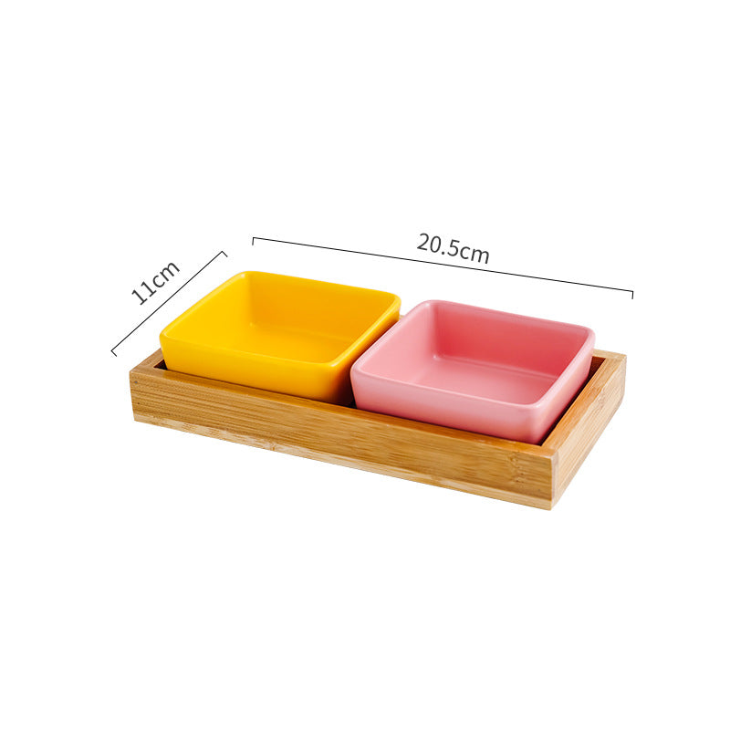 KFX-5849405 Ceramic Cat Bowl with Wooden Support - Anti-Tip Design, Various Colors & Styles