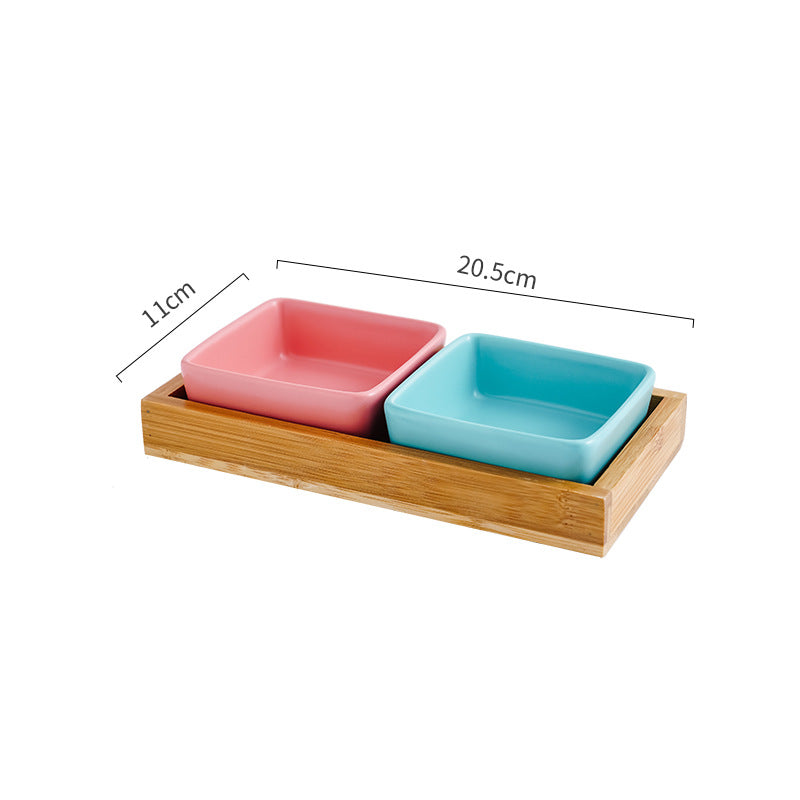KFX-5849405 Ceramic Cat Bowl with Wooden Support - Anti-Tip Design, Various Colors & Styles