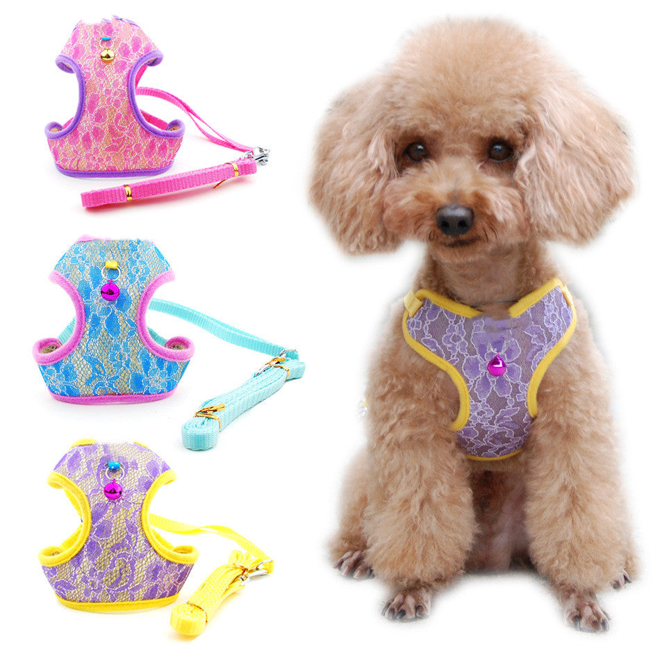 KFX-5854269 Pet Dog and Cat Lace Trim Undershirt Leash Chest Harness - Blue, Purple, Rose - Multiple Sizes Available