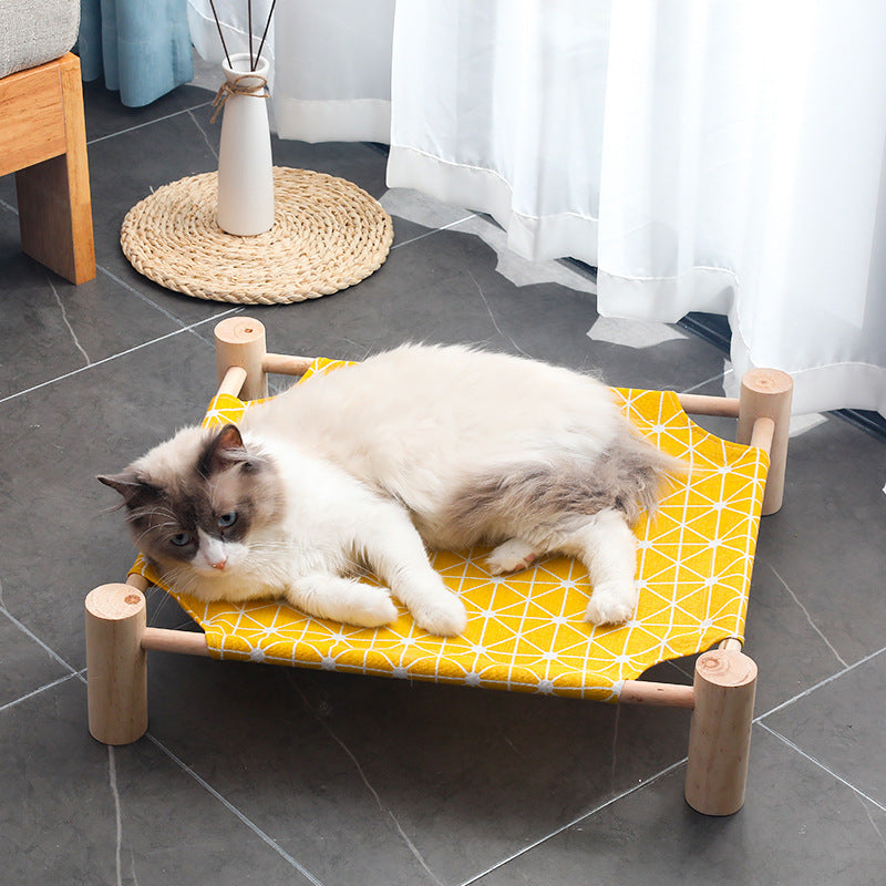 KFX-5862333 Wooden Frame Cat Hammock with Moistureproof Canvas Bed – Triangle Design, Pink & Full-Print Options, 53x48x13cm